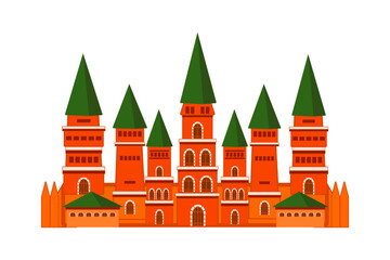 Building with towers and houses, a beautiful brick castle, a colored drawing on a transparent background