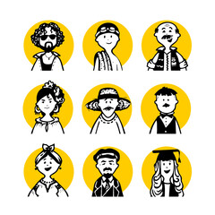 Collection 03 of comic peoples faces and characters in doodle style for monochrome avatars and black-white pictograms and set social media icons and portraits for articles or blog