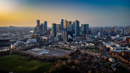 Canary Wharf London sunset aerial view