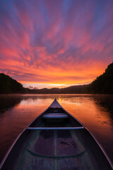 Colorful sunset after passing storm from an old aluminum canoe on mountain lake