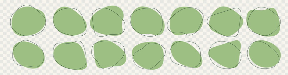 Fototapeta Organic amoeba blob shape abstract green color with line vector illustration isolated on transparent background. Set of irregular round blot form graphic element. Doodle drops with outline circle obraz