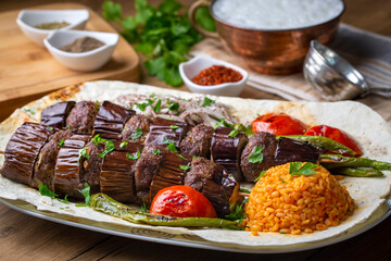 Turkish Kebab eggplant and meatballs. Freshly grilled eggplant Kebabs. Middle eastern cuisine