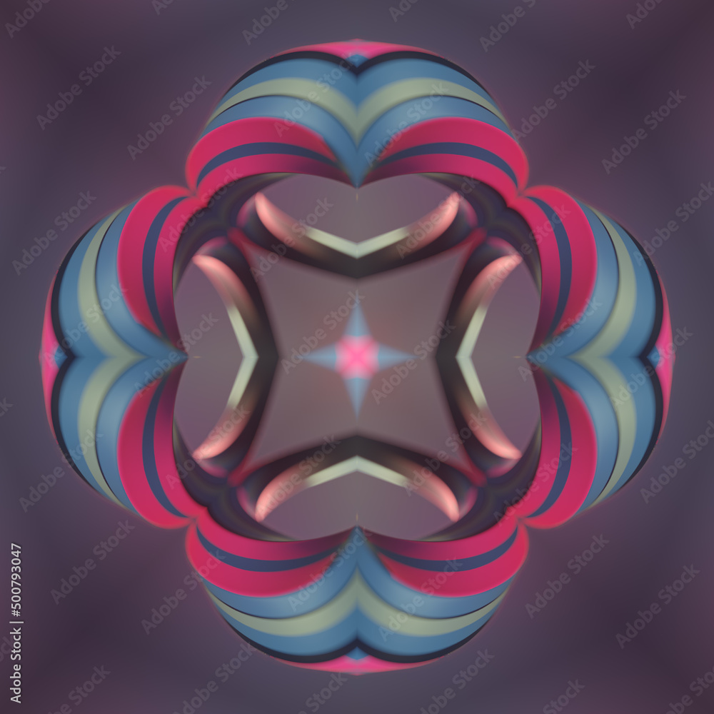 Poster Fantasy 3d rendering cover design with colorful twisted kaleidoscopic shape. Abstract digital illustration background