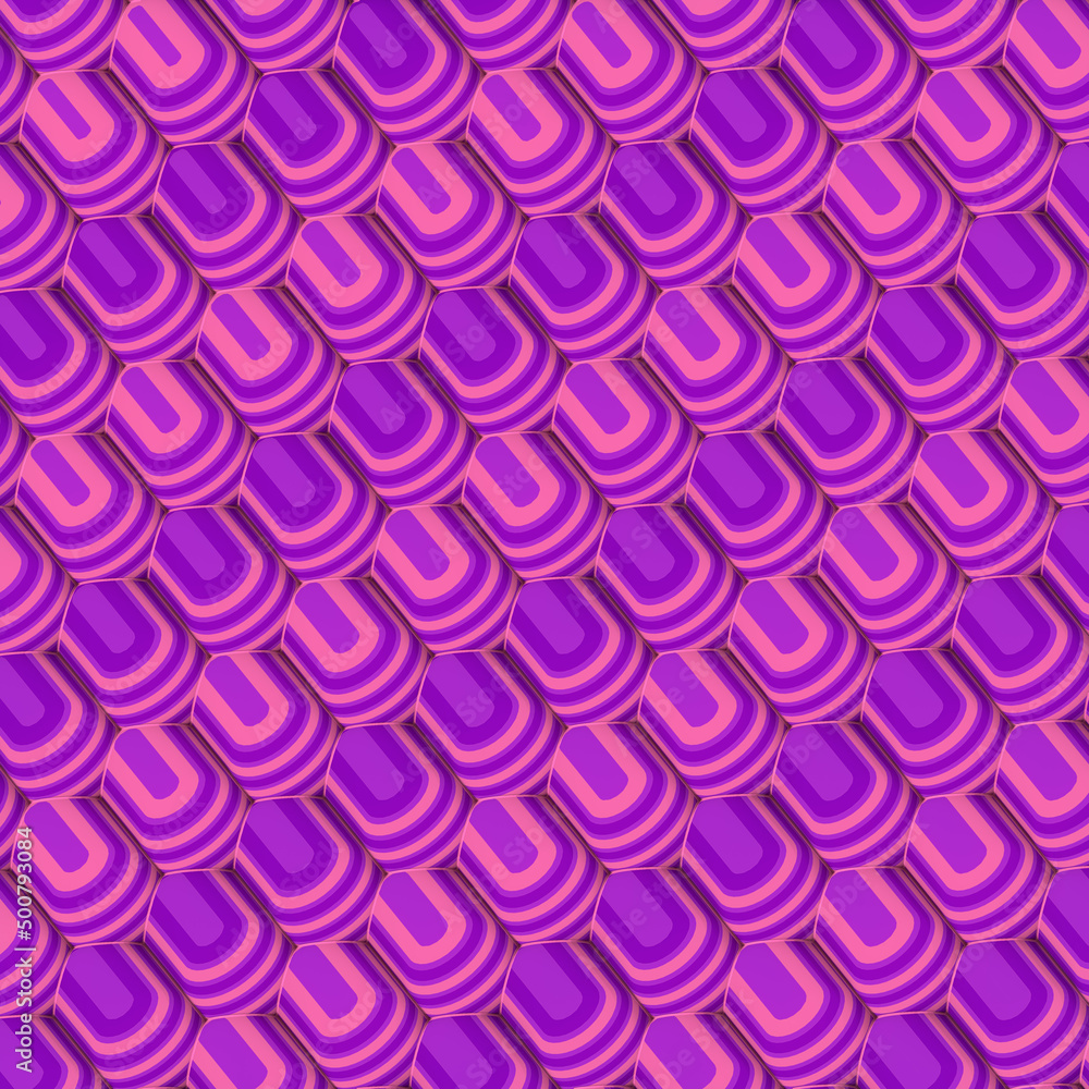 Poster Group of geometric shapes with a pink and violet striped texture. 3d rendering pattern. Digital illustration