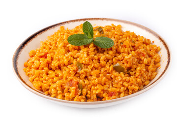 Traditional turkish bulgur pilaf with tomato sause in plate (Turkish name; meyhane pilavi)