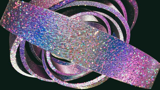 Abstract looping satisfying 3D animation of the rotating textured iridescent silver metallic rings covered with colorful shining glittering confetti rendered in UHD with alpha matte