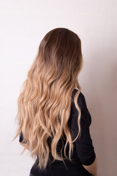 Female back with long, curly, ombre, brunette hair, in hairdressing salon