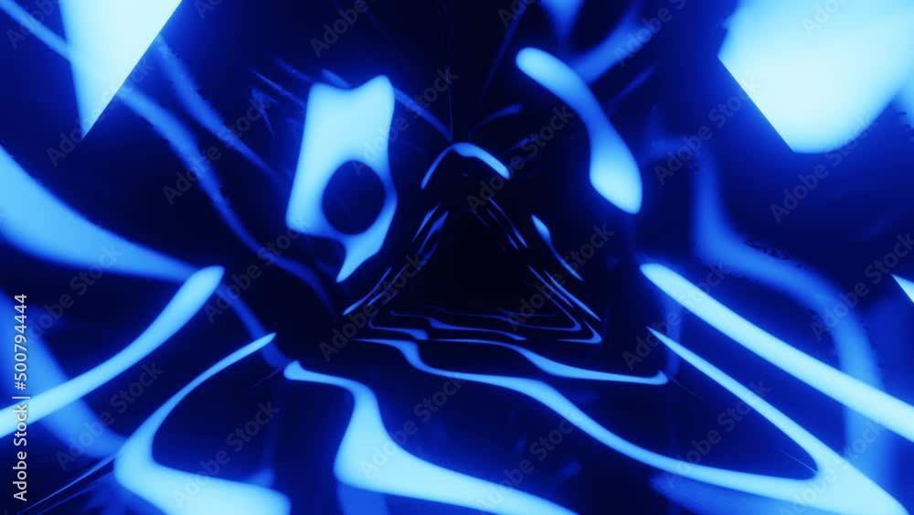 Poster 4k seamless looped animation. fly through mirror tunnel with neon pattern, glow lines form sci fi pa