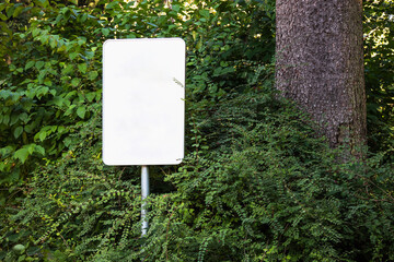 Empty blank sign board on a pole in a forest