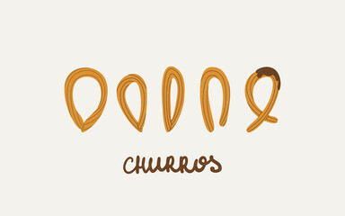 Churros set. Spanish traditional pastries. Vector isolated illustration for design.