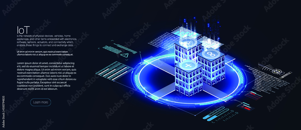 Poster landing page iot. internet of things devices and connectivity concepts on a network. internet of thi