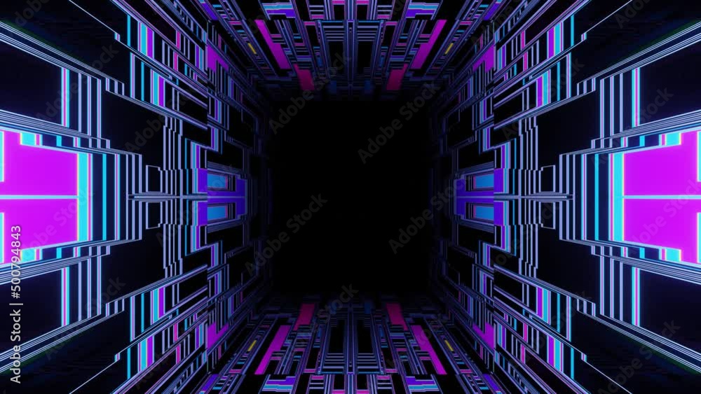 Poster 4k seamless looped animation. fly through mirror symmetrical tunnel with neon pattern, sci fi glow p