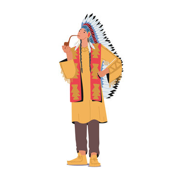 Indian American Chief in Tribal Dress and Headwear with Feathers Smoking Pipe of Peace. Native Indigenous Apache