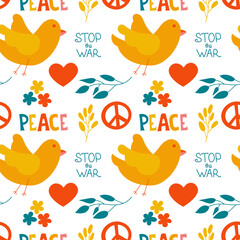 Bright seamless pattern with main symbols of peace. Background with dove, floral elements, heart, hand lettering 