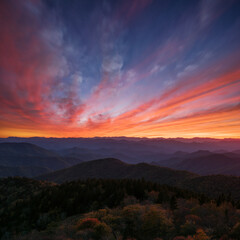 Fototapeta na wymiar Dramatic sunset over the Smoky Mountains from along the Blue Ridge Parkway in North Carolina