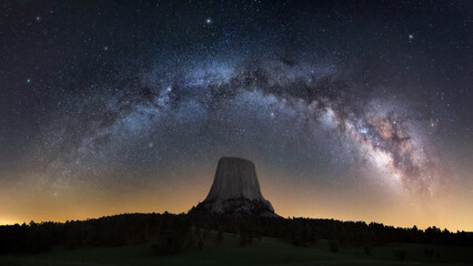 Scenic night photography, milky way galaxy, Devils Tower Wyoming