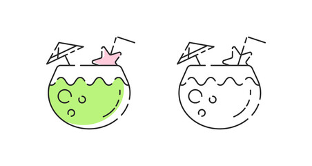 Coconut cocktail icon linear vector. Coconut cocktail logo symbol set in color and black.