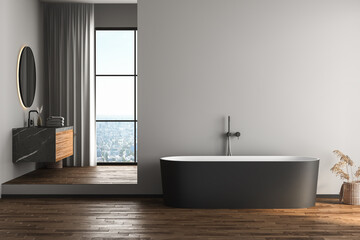 Naklejka na ściany i meble Modern bathroom interior with dark brown parquet floor, white and black bathtub and marble wash basin, side view. Minimalist bathroom with modern furniture and city view. 3D rendering 