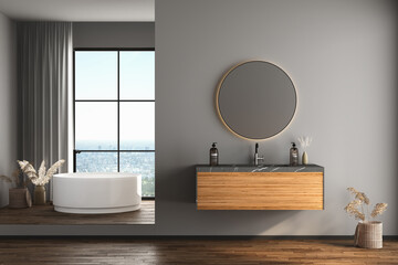 Modern bathroom interior with dark brown parquet floor, white and black bathtub and marble wash basin, front view. Minimalist bathroom with modern furniture and city view. 3D rendering
