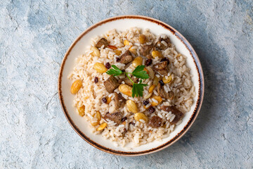 Traditional delicious Turkish food; rice pilaf with pine nuts and currants (Turkish name; bademli ic pilav or pilaf)