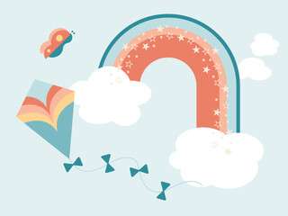 Modern Rainbow and Kite. Flat vector illustrations. Sky Travel. Adventure. Journey.