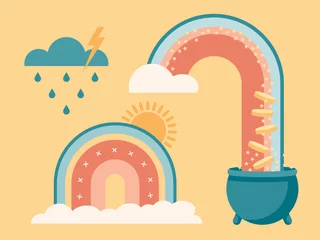  Modern Rainbow with Pot of Gold, Sun, and Rain Cloud. Flat vector illustrations. Treasure. Adventure. Journey. © HiyaLove