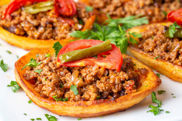 Traditional Turkish food; baked potato dish with minced meat, Turkish name; Patates karniyarik