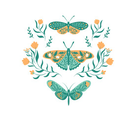 Summer greeting card with butterfly, flowers, branches, leaves on beige background. Circle ornament in scandinavian style. Perfect for spring and summer holidays. Vector illustration