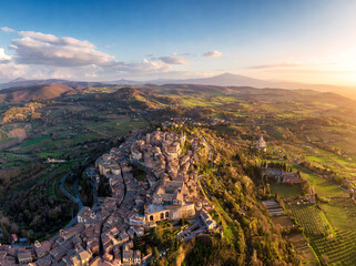 High resolution golden hour aerial image of the medieval town Montepulciano in Tuscany, Italy at sunset