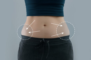 Abdominal fat problems, massaging marks. Healthy lifestyle and sports activities concept