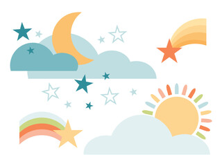 Day and Night. Sun and Moon. Shooting Stars. Flat vector illustrations. Sky Travel. Adventure. Journey.