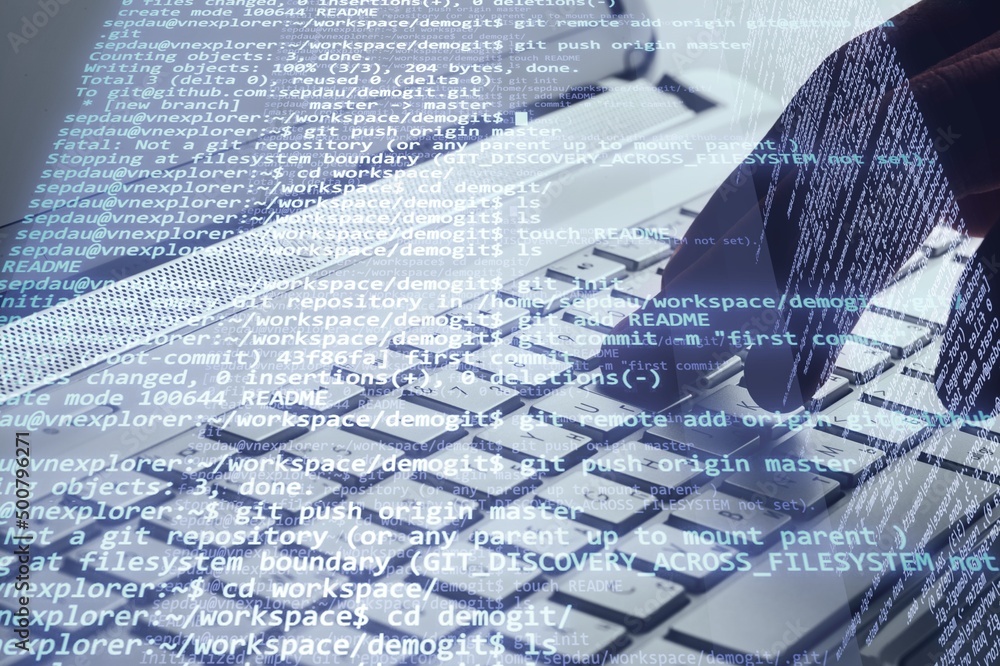 Poster intelligence and business analytics concept. man designer working on laptop computer