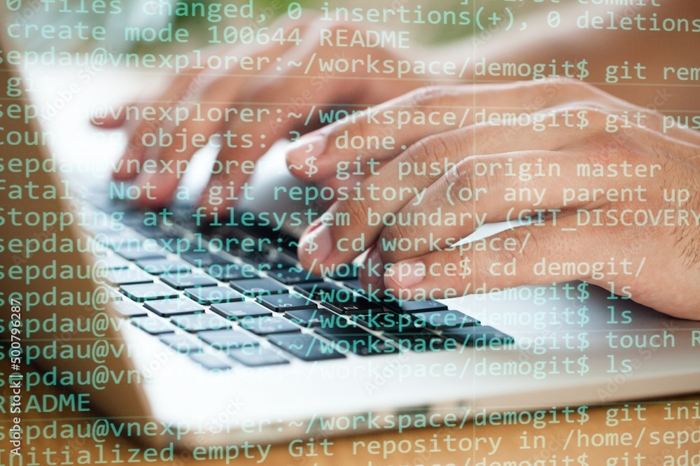 Poster intelligence and business analytics concept. man designer working on laptop computer