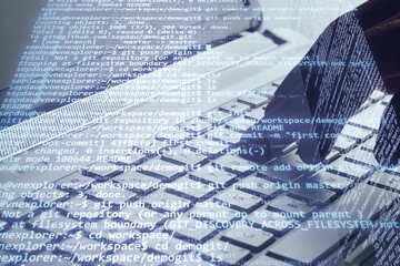 Intelligence and business analytics concept. Man designer working on laptop computer