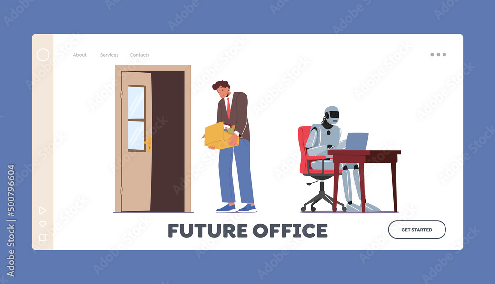 Poster fired male character leave office with box landing page template. artificial intelligence replace hu