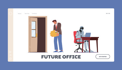 Fired Male Character Leave Office with Box Landing Page Template. Artificial Intelligence Replace Human Employee