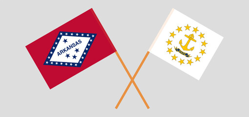 Crossed flags of The State of Arkansas and the State of Rhode Island. Official colors. Correct proportion
