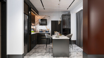 modern kitchen, interior of a modern house, interior of modern office, modern interior, dark kitchen, 3d render kitchen design