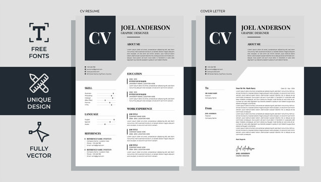 Professional and unique CV resume template design with letterhead cover letter - vector minimalist - black, white and gray color combination