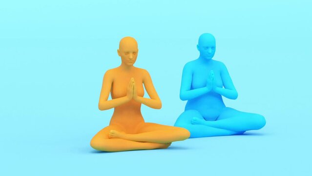 Modern minimal trendy surreal 3d render illustration, posing attractive mannequin model, human young character statue, lotus pose, meditation relax practice, zen and peace concept