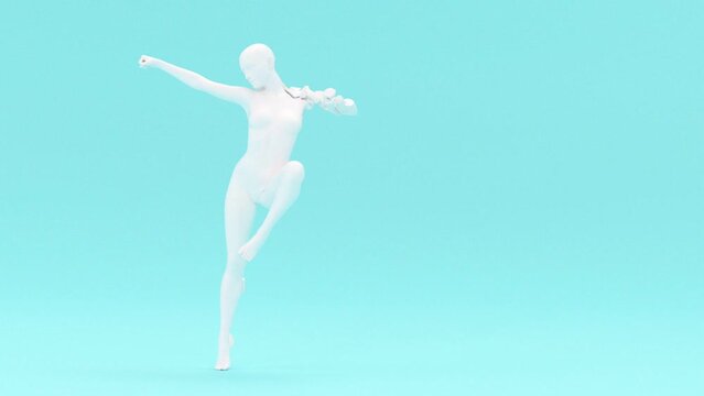 Modern minimal trendy surreal 3d render illustration, posing attractive mannequin model, human young character statue, training fighting strong woman, feminism protest and gender problem concept