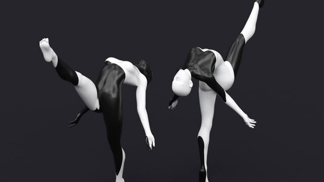 Modern minimal trendy surreal 3d render illustration, posing attractive mannequin model, human young character statue, black and white dancing beautiful ballerina, elegant amazing dancer