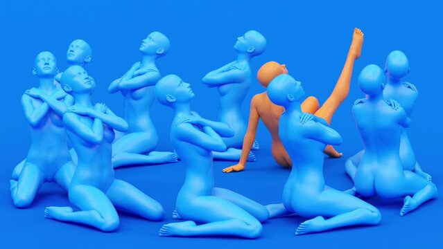 Modern minimal trendy surreal 3d render illustration, posing attractive mannequin model, human young character statue, different individual unique concept, sitting blue elegant beautiful pretty women