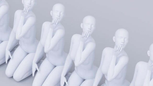 Modern minimal trendy surreal 3d render illustration, posing attractive mannequin model, human young character statue, row white sitting clones, nude elegant beautiful pretty women