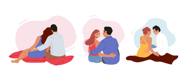 Set of Loving Couples Hugging Sitting on Plaid, Man and Woman Dating on Picnic, Embracing Back View, Lover Relations
