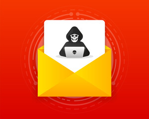 Phishing by hackers and cybercriminals, identity theft, password, user login, document, email and credit card. Hacker logo in message. Vector illustration.