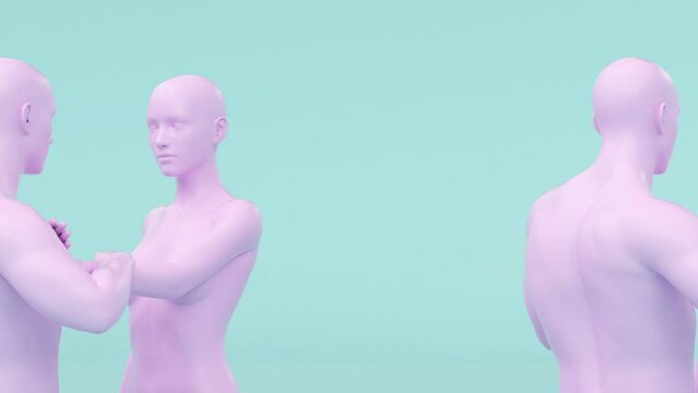 Modern minimal trendy surreal 3d render illustration, posing attractive mannequin model, human young character statue, Valentine day, love and passion, romantic nude couple