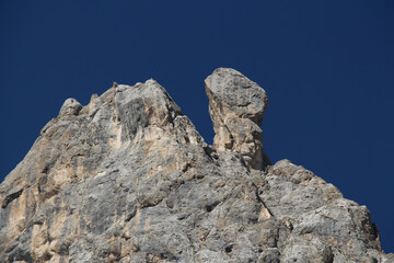 Fungo di Ombretta or Torre Moschitz with blue clear sky on background, Italian Alps.