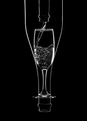 Champagne bottle and glass silhouette, isolated black background.