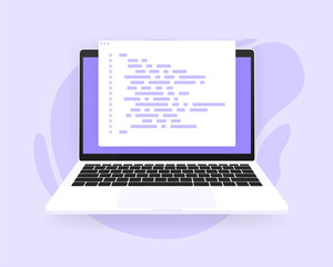 Fototapeta na wymiar Software development and programming, program code on laptop screen. Vector illustration.